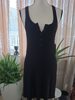 Michael Lauren Black Ribbed Button-Front Slip Dress